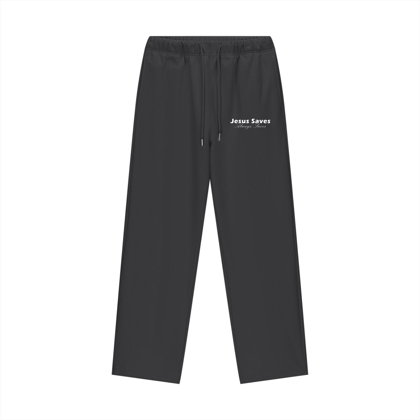 “Black oversized hoodie and matching pants set with bold Christian message ‘Jesus Saves – Always Saves’ printed on the front. Minimalist, luxury streetwear style designed as a reminder of faith, hope, and comfort.”