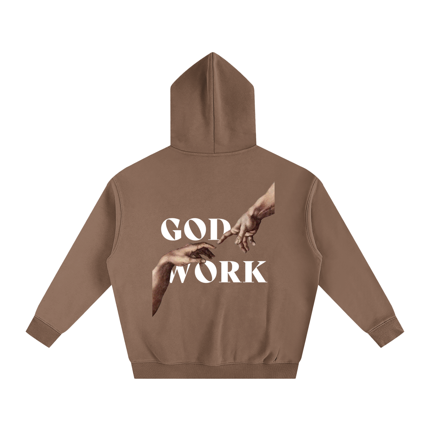 Brown Christian hoodie featuring bold “GOD WORK” lettering, premium faith-inspired streetwear sweatshirt, comfortable and stylish Christian clothing.