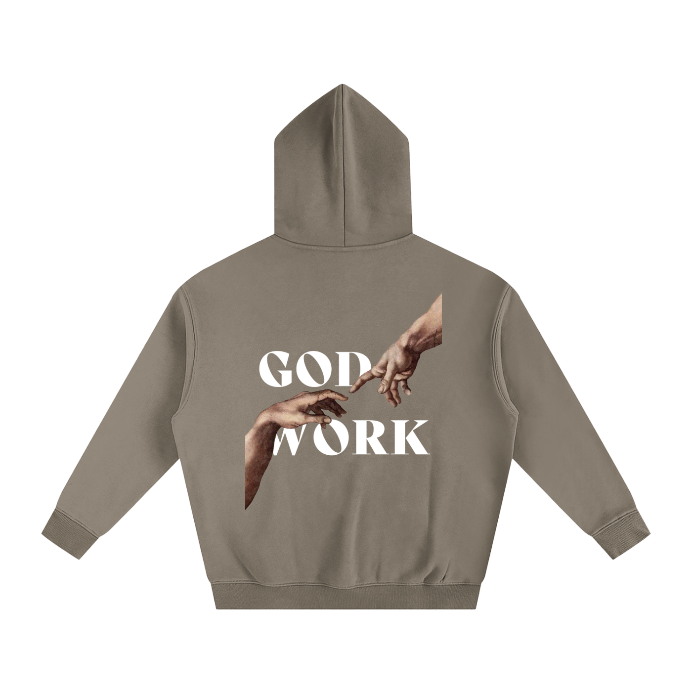 Grey Coffee Christian hoodie featuring bold “GOD WORK” lettering, premium faith-inspired streetwear sweatshirt, and comfortable and stylish Christian clothing.
