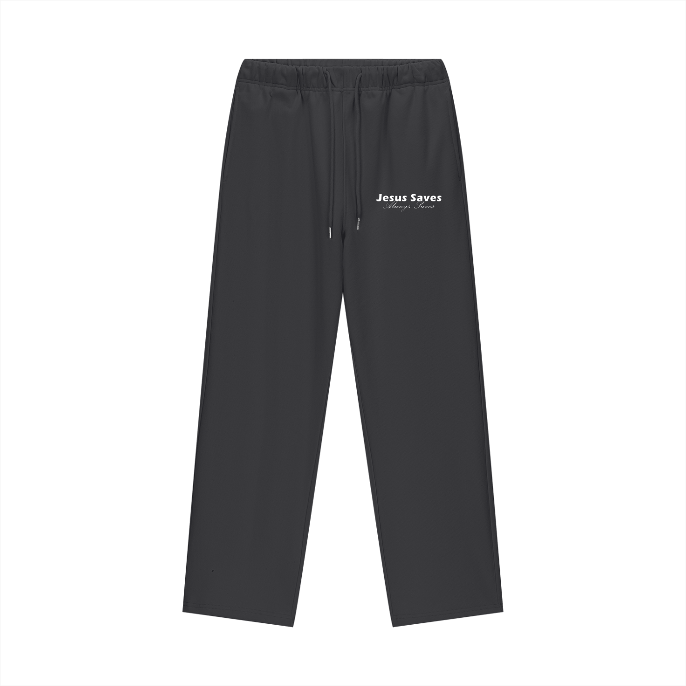 Black Christian fleece straight leg pants with bold “Jesus Saves.” design, premium faith-based streetwear apparel for men and women, comfortable and high-quality Christian clothing