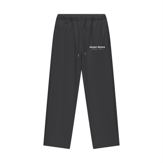 Black Christian fleece straight leg pants with bold “Jesus Saves.” design, premium faith-based streetwear apparel for men and women, comfortable and high-quality Christian clothing
