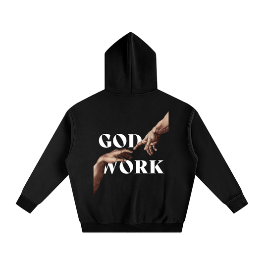 Black Christian hoodie with bold “GOD WORK” text design, premium faith-based streetwear sweatshirt, stylish Christian fashion for men and women.