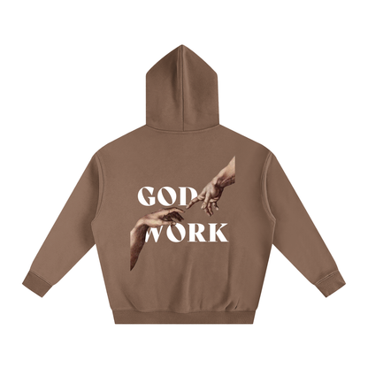 Brown Christian hoodie featuring bold “GOD WORK” lettering, premium faith-inspired streetwear sweatshirt, comfortable and stylish Christian clothing.