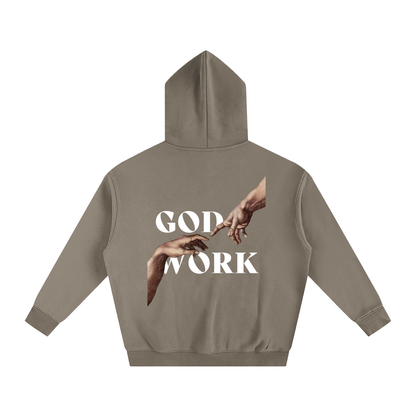 Grey Coffee Christian hoodie featuring bold “GOD WORK” lettering, premium faith-inspired streetwear sweatshirt, and comfortable and stylish Christian clothing.